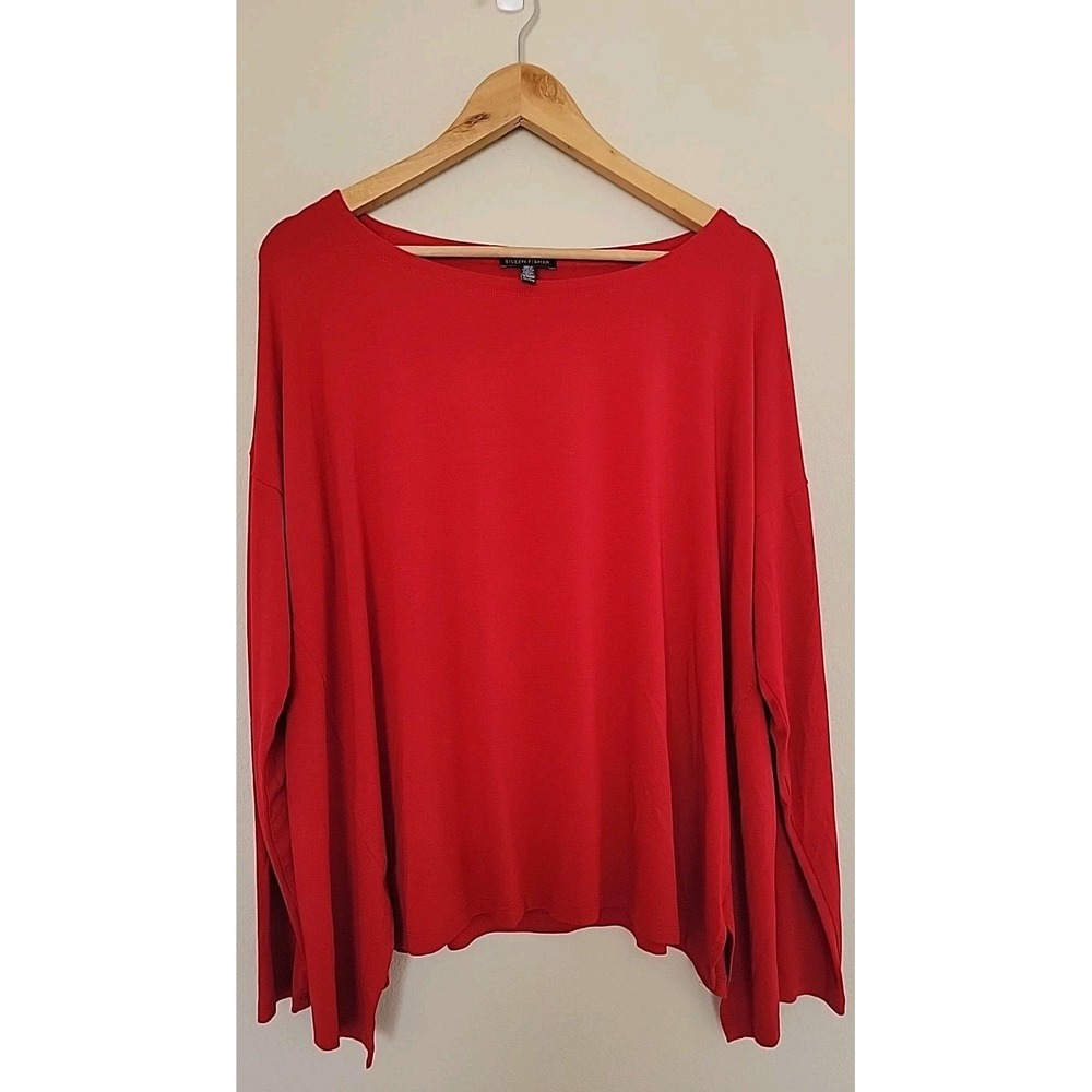 Eileen Fisher Womens Tunic Top XL Red Viscose Stretchy Long Sleeve Minimalist
